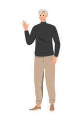 Stylish elderly person. Positive aged man in trendy sweater waves hand and greets friends. Gray haired grandfather in fashionable casual outfit. Cartoon flat vector illustration on white background