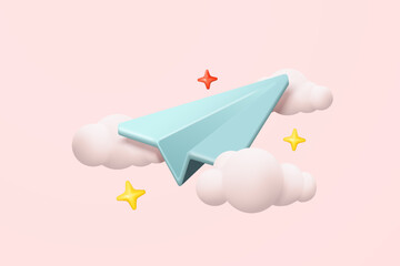 3d paper plane mail icon on cloud for send new message. Minimal email sent letter to social media online marketing. Subscribe to newsletter. 3d plane flight icon vector rendering illustration