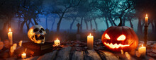 Eerie Background With Jack-O-Lantern, Skull And Candles. Halloween Graveyard Tabletop.