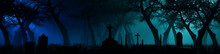 Eerie Churchyard At Night. Blue Halloween Banner With Gravestones And Trees.