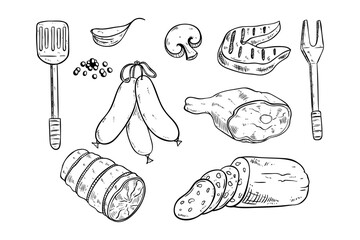 hand drawing meat or steak collection on white background