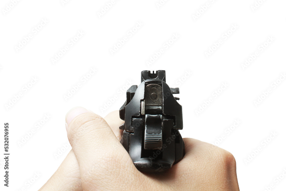 Pistol handgun weapon in hand in first person view isolated on ...