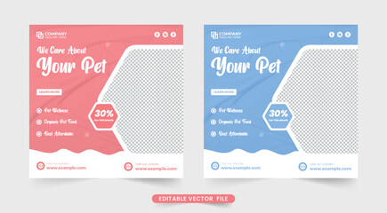 Creative pet care social media post vector with pink and blue colors. Pet grooming and healthcare business promotion template with abstract shapes. Animal veterinary service advertisement template.