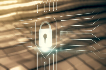 Poster - Virtual creative lock symbol and microcircuit illustration on blurry metal background. Protection and firewall concept. Multiexposure