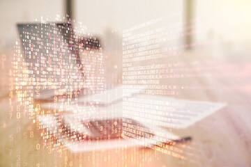 Poster - Abstract virtual code skull hologram on blurry calculator and computer background, cybercrime and hacking concept. Multiexposure