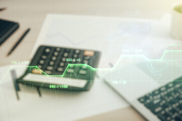 Aufkleber - Abstract virtual analytics data spreadsheet on blurry calculator and computer background, analytics and analysis concept. Multiexposure