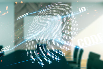 Aufkleber - Abstract virtual fingerprint illustration on a modern coworking room background, personal biometric data concept. Multiexposure