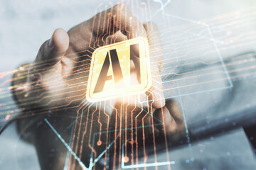 Aufkleber - Double exposure of creative artificial Intelligence icon with finger clicks on a digital tablet on background. Neural networks and machine learning concept