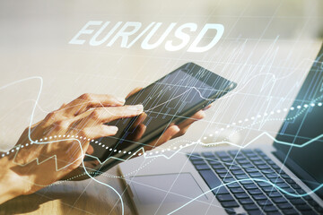 Poster - Creative concept of EURO USD financial chart illustration and finger clicks on a digital tablet on background. Trading and currency concept. Multiexposure