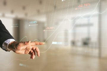 Poster - Multi exposure of male hand working with stats data illustration on blurred office background, computing and analytics concept