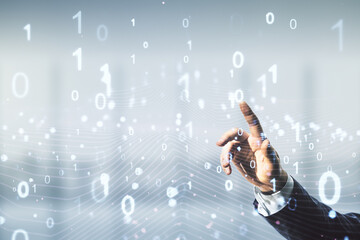 Aufkleber - Man hand clicks on abstract virtual binary code hologram on blurred office background, AI and machine learning concept. Multiexposure