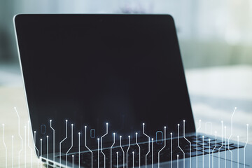 Aufkleber - Creative concept of microscheme illustration on modern laptop background. Big data and database concept. Multiexposure