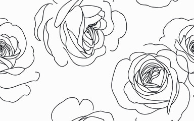 Aufkleber - Abstract seamless pattern with roses. Beautiful blossoming hand drawn flower isolated on white background. Line art design. Vector stock illustration