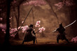 Ninjas fighting with weapons and sepia background