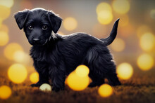 Black Puppy Dog With Yellow Lights Background