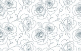 Fototapeta Tulipany - Abstract seamless pattern with roses. Beautiful blossoming hand drawn flower on white background. Line art wallpaper. Vector stock illustration
