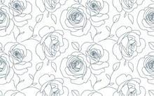 Abstract Seamless Pattern With Roses. Beautiful Blossoming Hand Drawn Flower On White Background. Line Art Wallpaper. Vector Stock Illustration