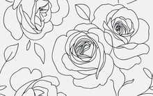 Abstract Seamless Pattern With Roses. Beautiful Blossoming Hand Drawn Flower Isolated On White Background. Line Art Design. Vector Stock Illustration