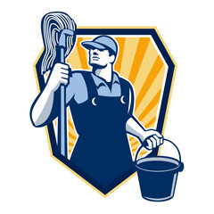 Sticker - Janitor Cleaner Hold Mop Bucket Shield Retro