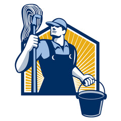 Wall Mural - Janitor Cleaner Holding Mop Bucket Retro