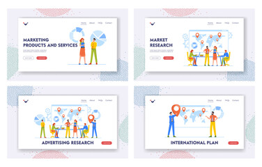 Wall Mural - Management Research Landing Page Template Set. Business People Think and Discussing Idea in Office with Map