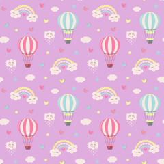 Seamless pattern with hot air balloon, kawaii rainbows, clouds, stars and hearts. Hand drawn childish pattern for wrapping, fabric, textile or paper projects.