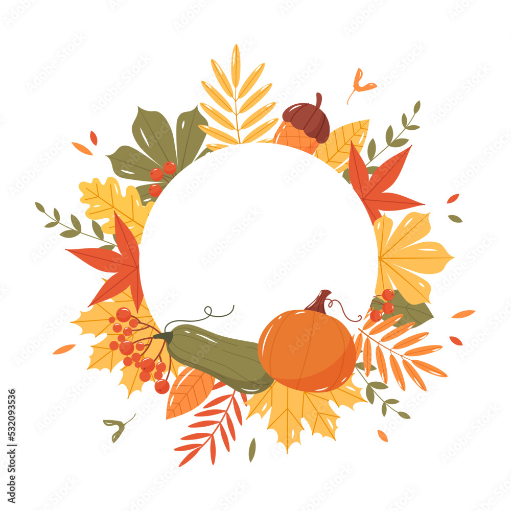 Autumn background with leaves, pumpkins and acorns. Flat vector ...