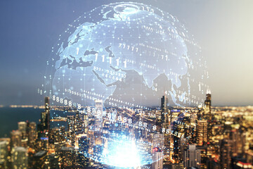 Poster - Double exposure of abstract creative programming illustration and world map on Chicago office buildings background, big data and blockchain concept
