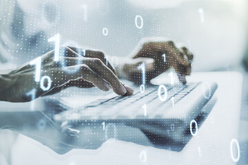 Aufkleber - Double exposure of creative abstract binary code hologram and hands typing on laptop on background. Database and programming concept
