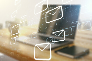 Poster - Double exposure of postal envelopes hologram and modern desktop with laptop on background. Electronic mail and spam concept