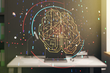 Aufkleber - Creative artificial Intelligence concept with human brain hologram and modern desktop with computer on background. Multiexposure