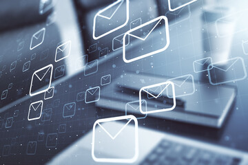 Poster - Creative concept of postal envelopes illustration on modern laptop background. Email and communications concept. Multiexposure
