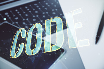 Poster - Creative Code word sign on modern computer background, international software development concept. Multiexposure