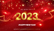 Happy new year 2023 with golden numbers and festive confetti on red background. Shiny party background. New year ornament. Festive premium template for holiday. Greeting Card, Banner, Poster. Vector