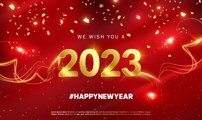 Wall Mural - Happy new year 2023 with golden numbers and festive confetti on red background. Shiny party background. New year ornament. Festive premium template for holiday. Greeting Card, Banner, Poster. Vector