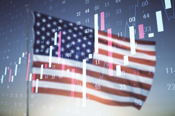 Aufkleber - Abstract virtual financial graph hologram on USA flag and sunset sky background, forex and investment concept. Multiexposure