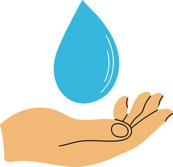 Human hand holding water drop clipart in flat line modern style with phrase Save Water concept. Ecology, recycle, environment concept. Hand drawn PNG illustration for poster, banner, wall art.	
