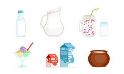 Poster - Set dairy products. Smoothie, ice cream, sour cream, milk natural farm products flat vector illustration