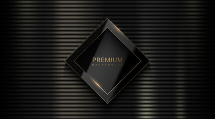 Black shiny metal horizontal straight line background with vector rhombus glossy luxury black and golden edge line logo frame. Dark enamel texture, textured pattern background