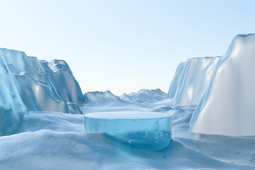 Wall Mural - 3d render platform and natural ice podium background on iceberg mountain with snow covered floor for