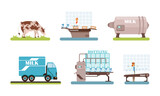 Fototapeta Pokój dzieciecy - Milk production set. Milk pasteurization and bottling processing line vector illustration