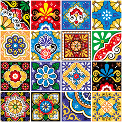 Wall Mural - Mexican decorative talavera tiles big set - vector seamless pattern, retro colorful designs collection with flowers and geometric shapes
