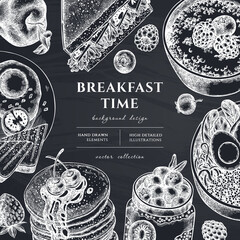 Wall Mural - Breakfast hand drawn illustration design. Background with chalk sandwich, pancakes, bowl with avocado, porridge with berries, chia pudding, fried eggs, raspberry, blueberry, strawberry, apples.