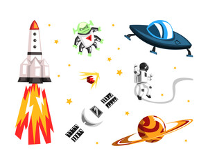 Wall Mural - Space objects collection. Planet, astronaut, alien, satelite, space rocket vector illustration