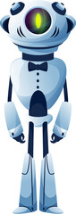 Poster - Cartoon robot waiter wear neck tie, vector cyborg