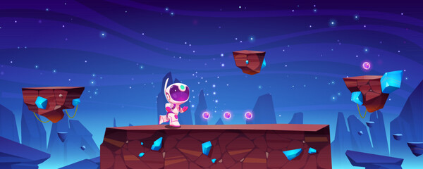 Poster - space game with astronaut on alien planet landscape. mobile arcade with cute cosmonaut jump on rock 
