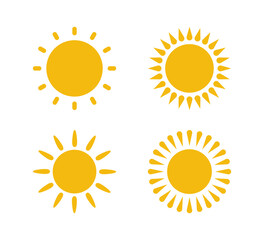 yellow flat sun with rays icons in various design. sun silhouette icons. graphic weather signs. symb