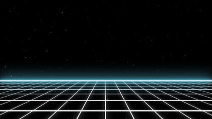 Aufkleber - Retro style Sci-Fi future synthwave background. Futuristic Perspective Grid Landscape. Digital Cyber Surface. Suitable for design party flyer, banner, poster or cover style 80s or 90s. 3D illustration