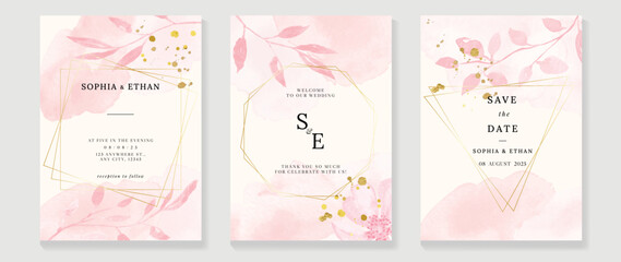 Fototapete - Luxury botanical wedding invitation card template. Watercolor card with flowers, leaf branch, foliage, polygon frames, pink color. Elegant blossom vector design suitable for banner, cover, invitation.