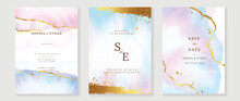 Luxury Wedding Invitation Card Template. Watercolor Card With Gold Texture, Blue And Pink Color, Golden Foil. Elegant Watercolor Texture Vector Design Suitable For Banner, Cover, Invitation, Flyer.